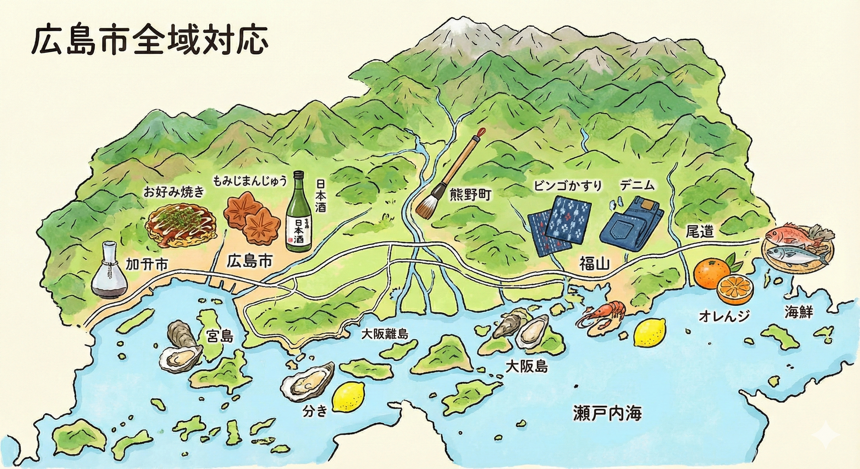 広島県全域対応 名産品イラスト地図