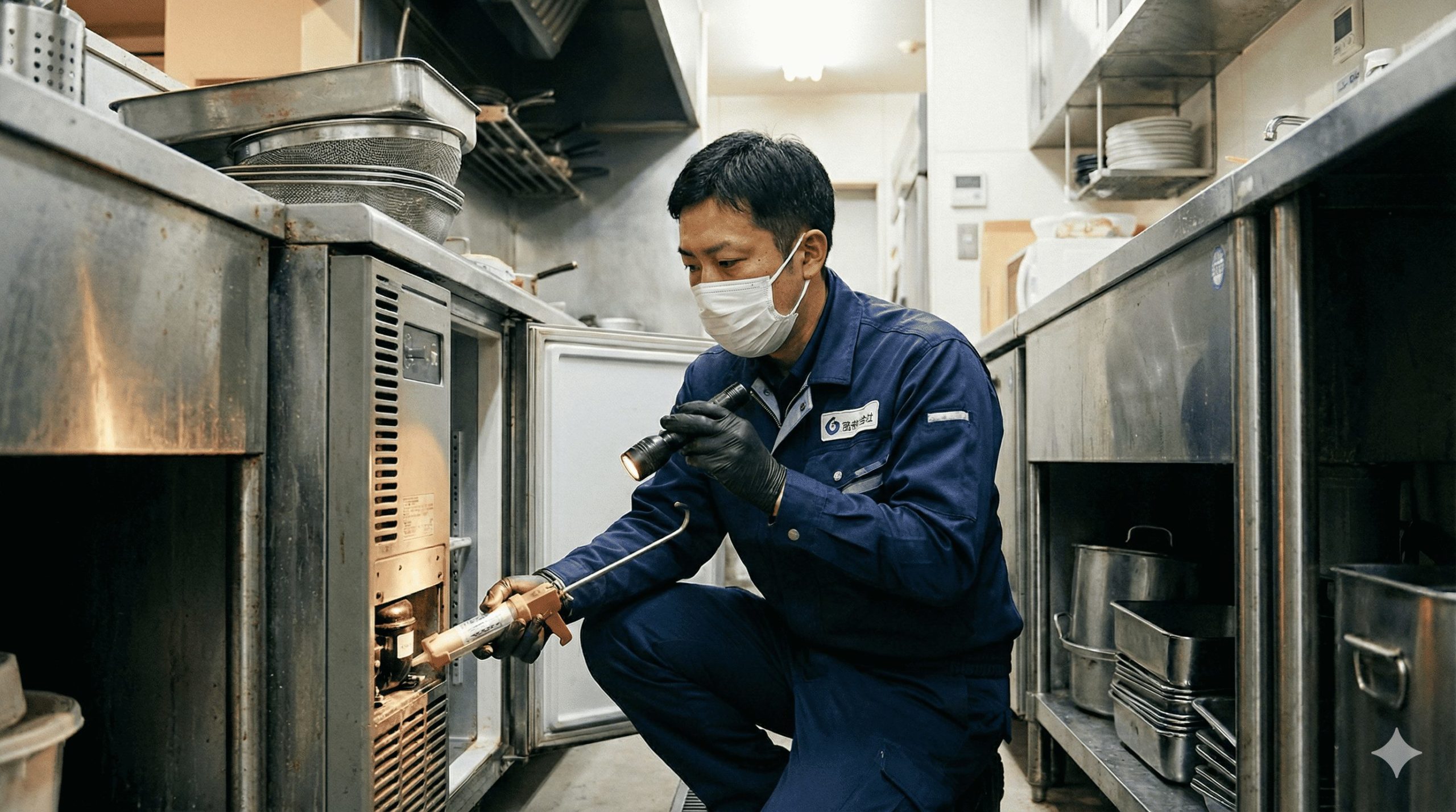 広島の居酒屋厨房にて、プロのスタッフがコールドテーブルのモーター内部にあるゴキブリの巣へピンポイント施工を行っている写真
